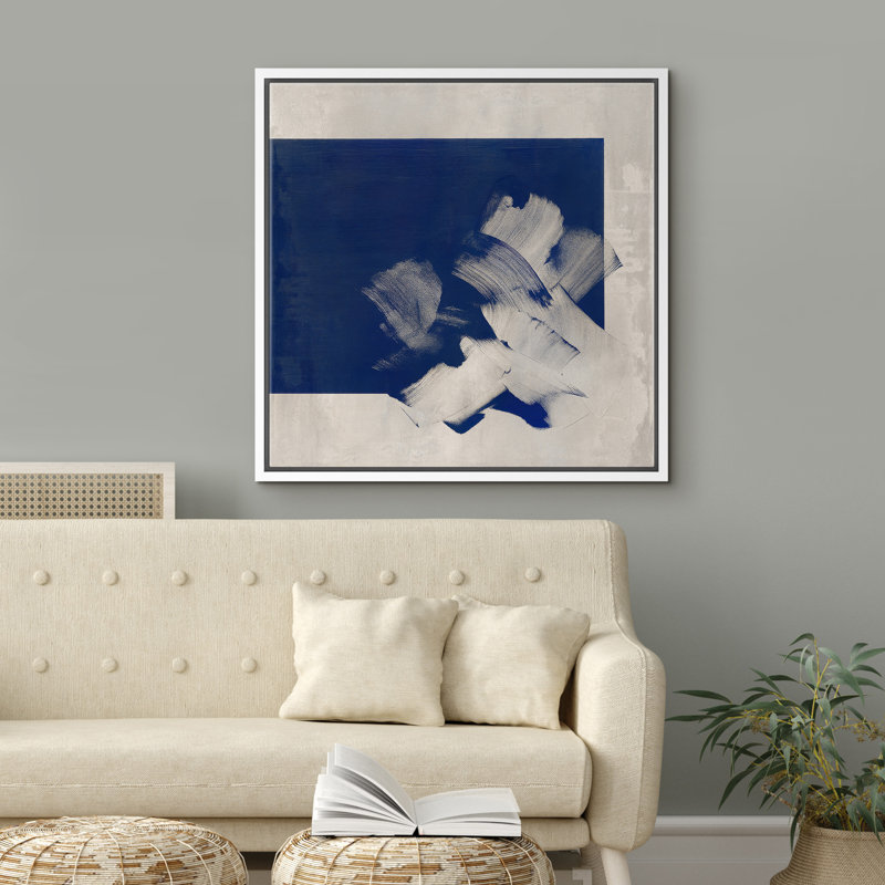 «Bold Blue Brushstroke», reproduction d'art minimaliste moderne sur toile encadrée dans la chambre principale, Blanc