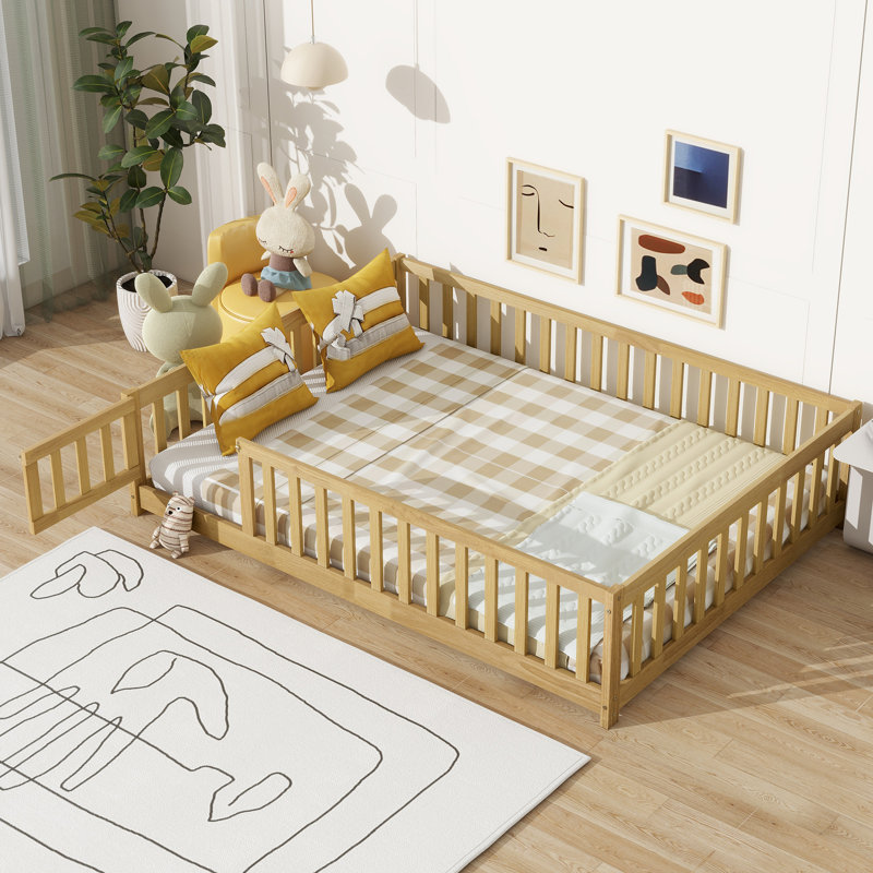 Twinkle Modern Floor Bed Set With Door, Rubber Wood And Safety Guardrails, Natural, Full