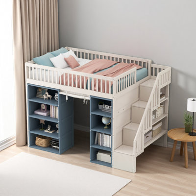Full Size Loft Bed With 2 Four-Layer Storage Cabinets And Curtain