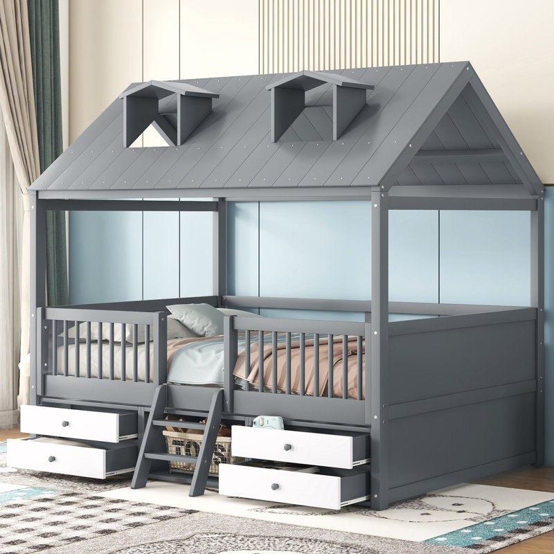 Motyka House-Style Bed with Built-Bed Roof and Storage, Gray, Full