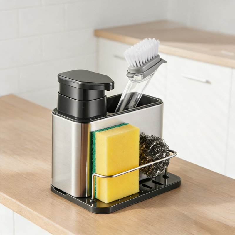 Distributeur de savon 3 en 1 et organisateur d'évier avec porte-éponge, support pour évier de cuisine et de salle de bain en acier inoxydable
