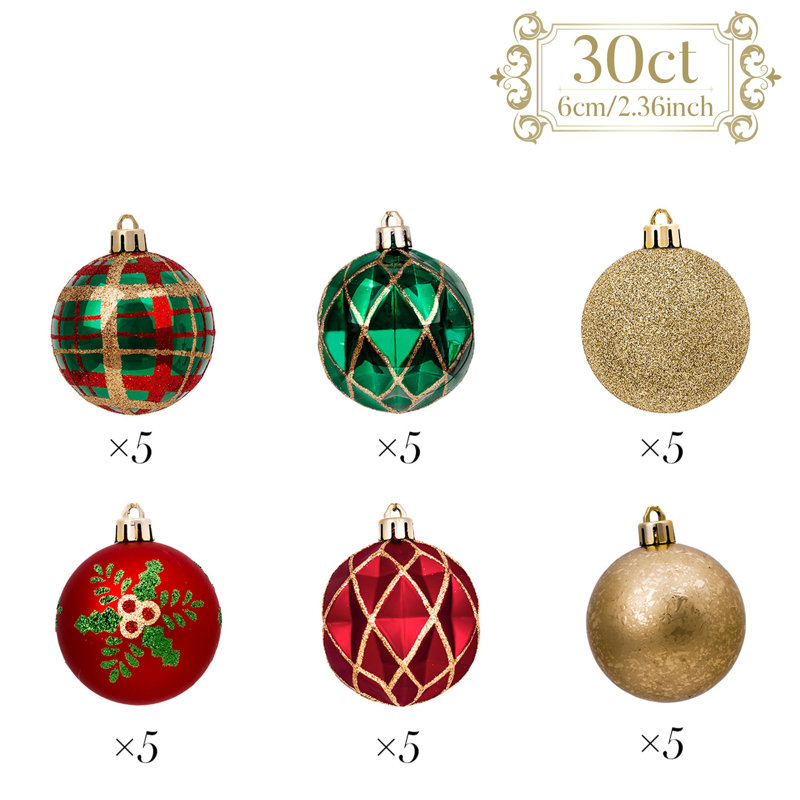 Traditional Red Green and Gold Shatterproof Christmas Ornaments Set