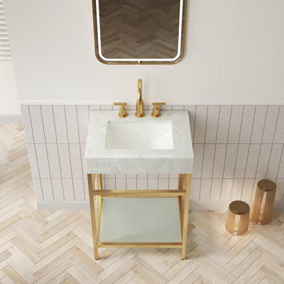 Plan de travail ASO 24 avec bordure en marbre artificiel, lavabo encastré en céramique avec 3 trous de robinetterie, support autoportant en acier inoxydable avec tablette en verre trempé, couleur dorée