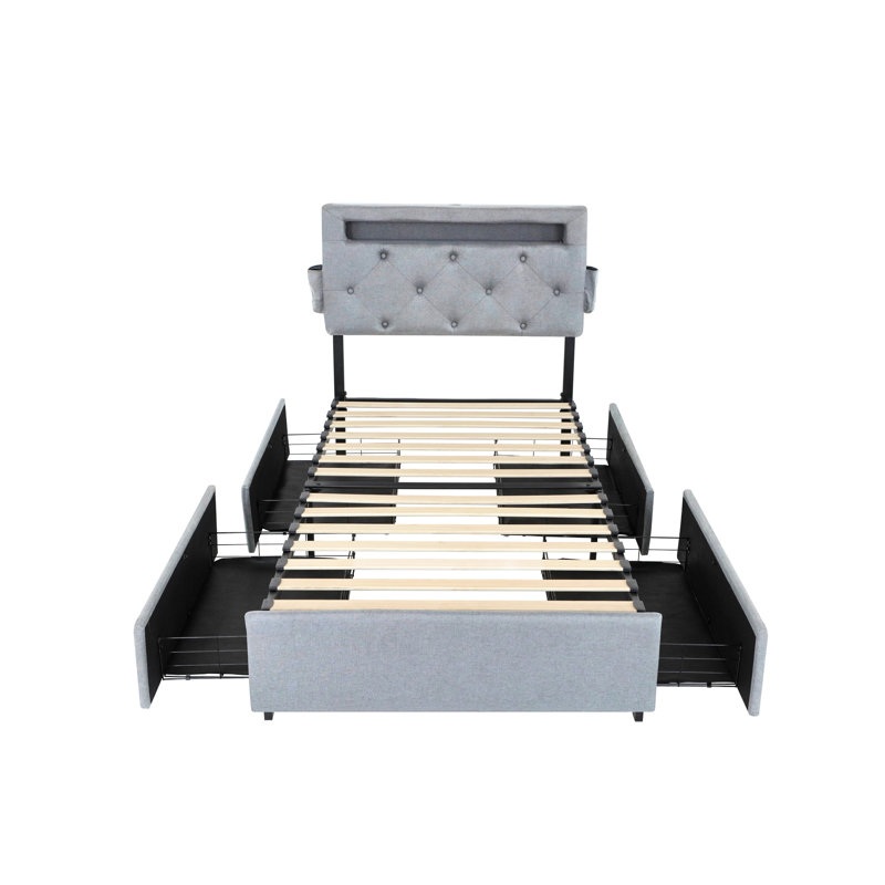 Structure de lit avec station de charge USB, lumières DEL, tête de lit et 4 tiroirs de rangement pour une vie confortable et organisée