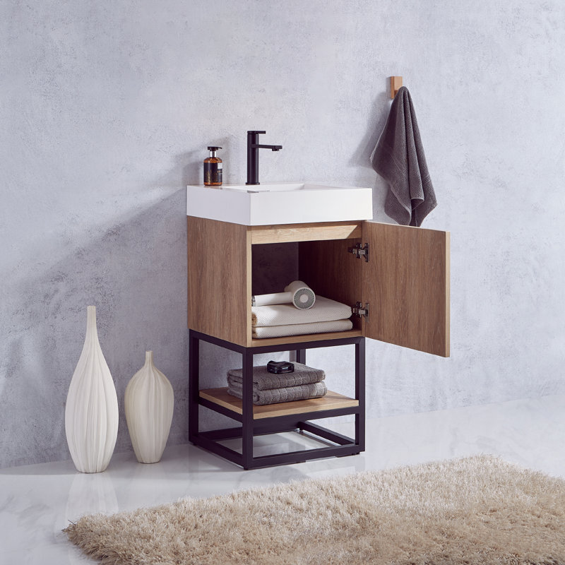 Alistair 17.7'' Single Bathroom Vanity with Engineered Stone Top, Matte Black, Natural Oak, White