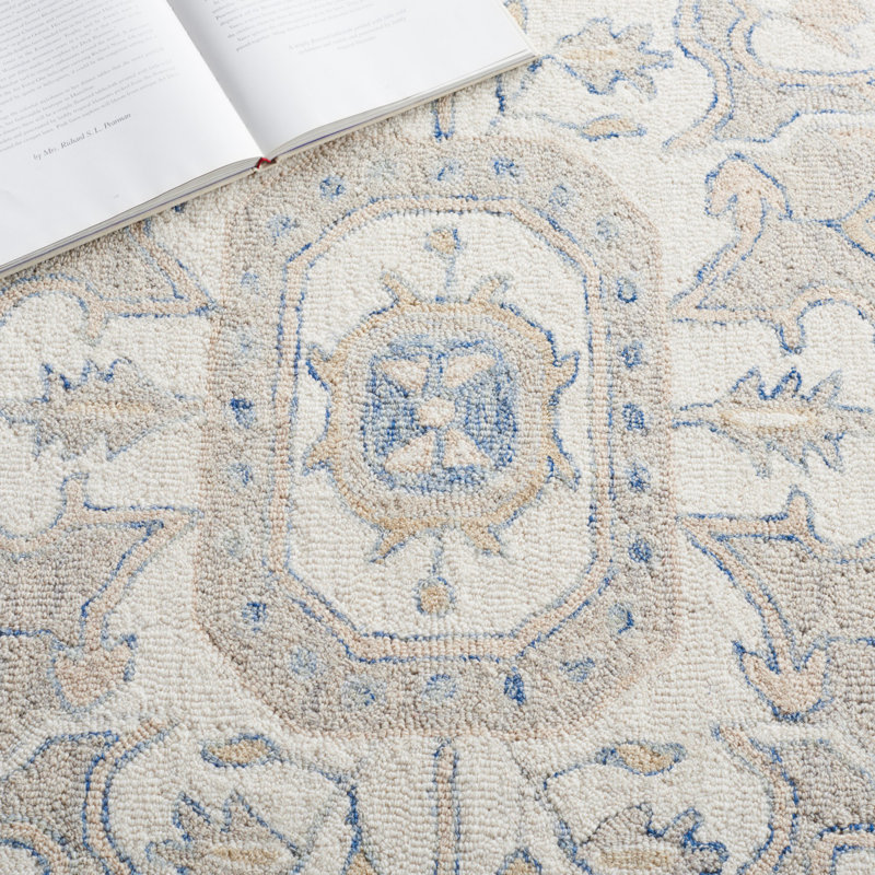 Cyrilmagnin Hand Tufted Wool Cotton Oriental Rug in Ivory/Blue, Square 9'