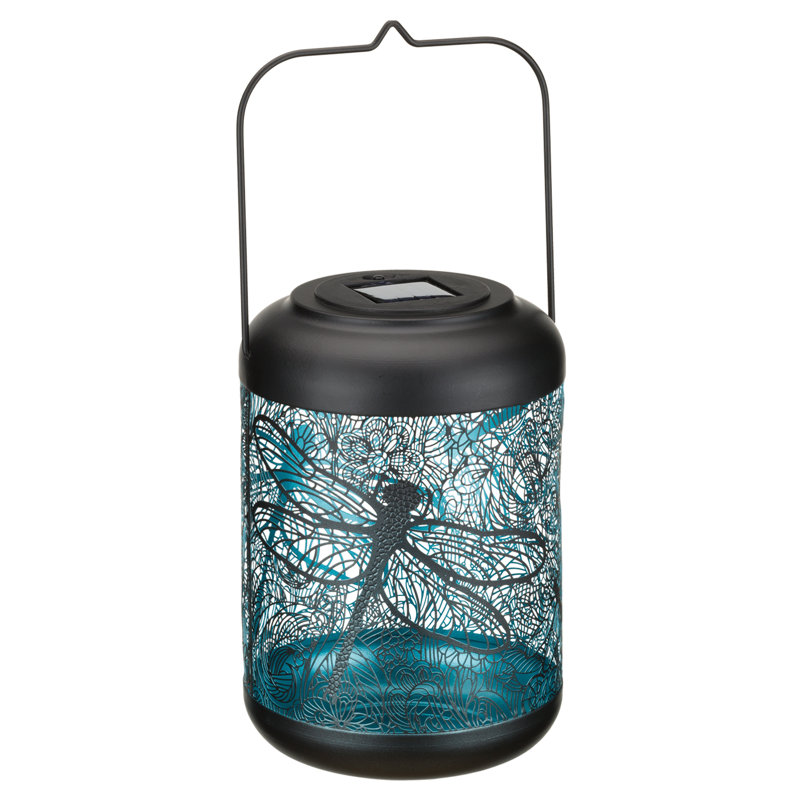 14.5 Inch Metal Solar Powered Outdoor Shadow Lantern with Decorative Cutout Patterns and Hanging Handle, Teal