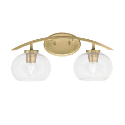 Kurve 2 Light Bath Bar Shown In New Age Brass Finish With  7" Clear Bubble Glass