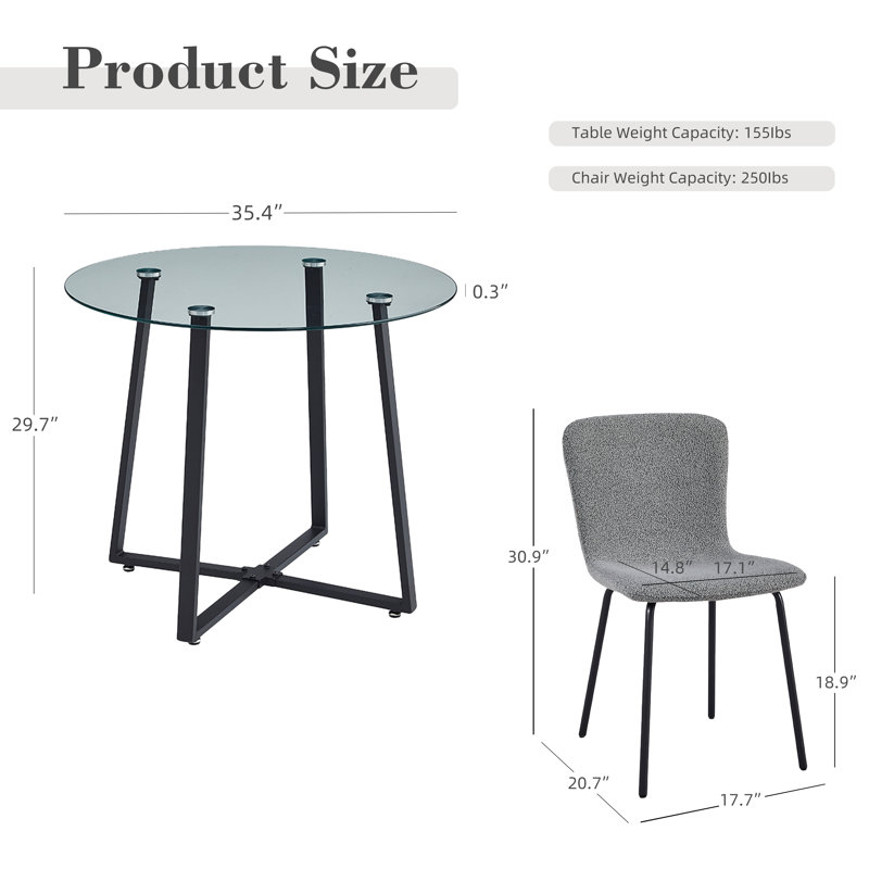 Ensemble de table ronde en verre trempé 35,4 po avec 4 chaises rembourrées en tissu pour la cuisine, la salle à manger et le salon