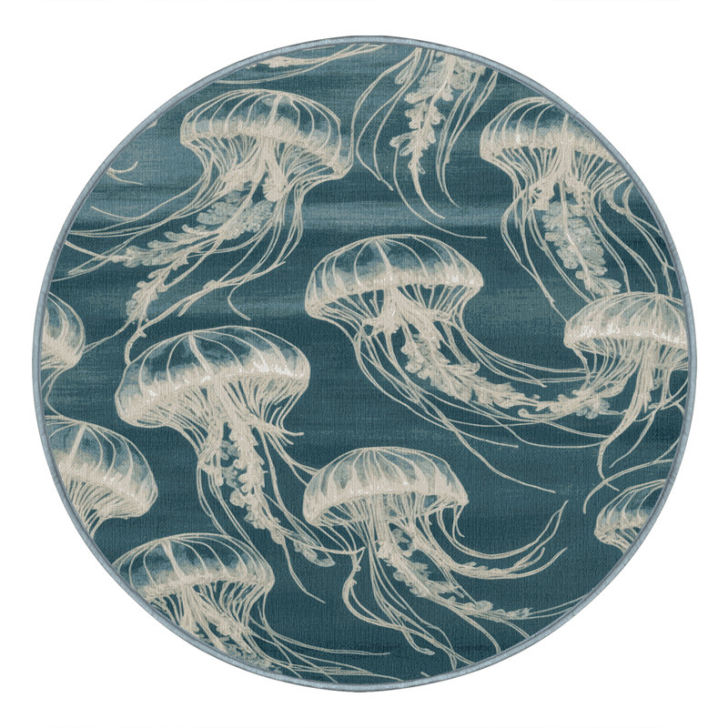 Machine Washable Nature Blue Area Rug, Round 4'