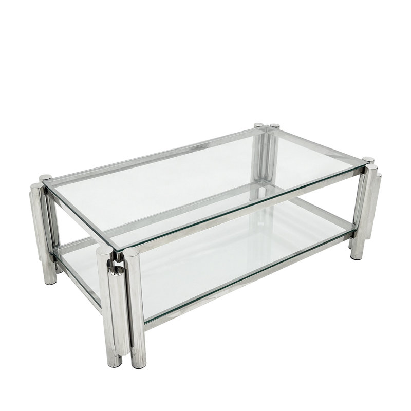 Table basse 47 po en verre transparent à double couche de style moderne rectangulaire avec acier inoxydable, bureau à domicile, rangement, assemblage facile, structure en acier trempé sans tache argentée, capacité,