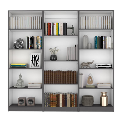 Ensemble de bibliothèque 3 pièces Bartow, 74 po de large avec 14 tablettes, ensemble de salon gris mat - blanc