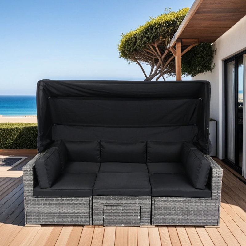 7 Patio Furniture With Retractable Canopy. Sectional For Backyard. Galvanized Steel Frame. Comfortable Cushions. Grey + Black Cushion. -, Washable Lawn, Garden, Poolside Cushions, Construction. For ,