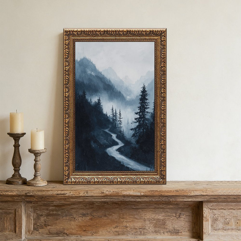 Misty Mountain River Winding Through Dark Forest - Cadre mural rétro orné d'un cadre doré, L 24 po x l 36 po