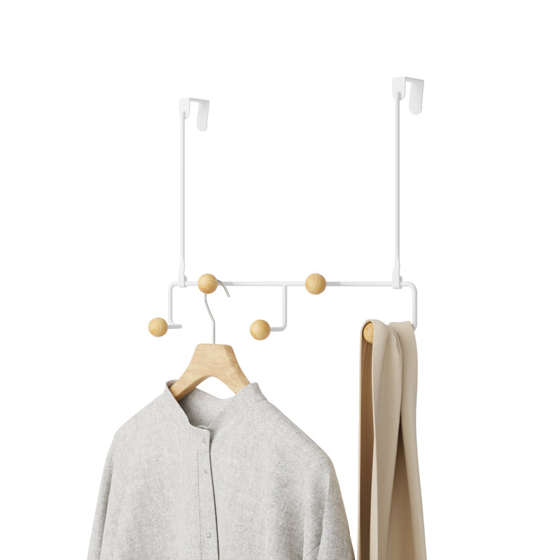 White Metal and Wood Over-the-Door 5-Hook Organizer