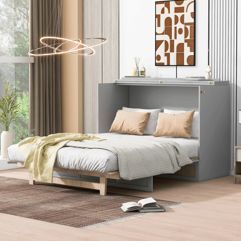 Lit escamotable avec grands tiroirs Murphy, Gris, Lit double