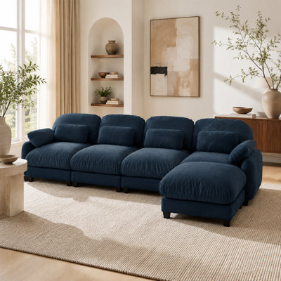 Sarvis 4-Seater Chenille Modular Sofa with Movable Ottoman, Deep Seats, Cloud-Style Cushions and Lumbar Pillows, Blue