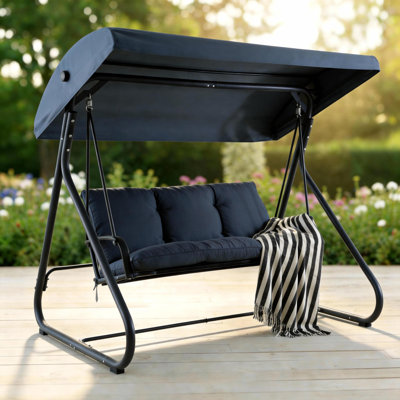 Fauteuil oscillant convertible 3 places avec auvent réglable, banc 2 en 1 à lit plat, coussins amovibles, structure en métal robuste, capacité de poids de 750 lb pour le patio, la cour, le porche, le jardin, le bleu