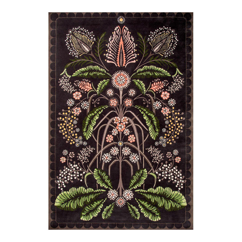 Tapis brun-vert floral à motif botanique, Rectangle 4 pi 11,06 po x 9 pi 10,11 po
