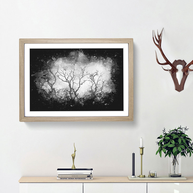 Bird In A Winter Tree Paint Splash - Framed Print, Oak Framed, 24cm H x 33cm W x 2cm D