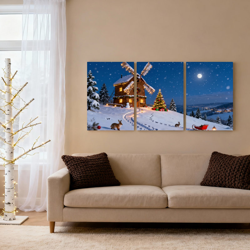 Christmas Windmill And Tree Canvas Wrapped Wall Art Oil Painting Print Set Of 3, 18" H x 36" W