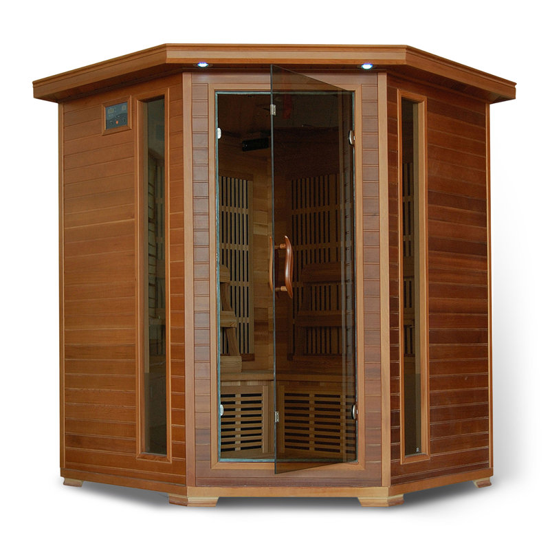 HEATWAVE Whistler 4 Person Cedar Corner Infrared Wood Sauna for Home Relaxation – Indoor Sauna with 10 Carbon Heaters, Chromotherapy Lighting, Oxygen Ionizer, Built-In Stereo Sound System