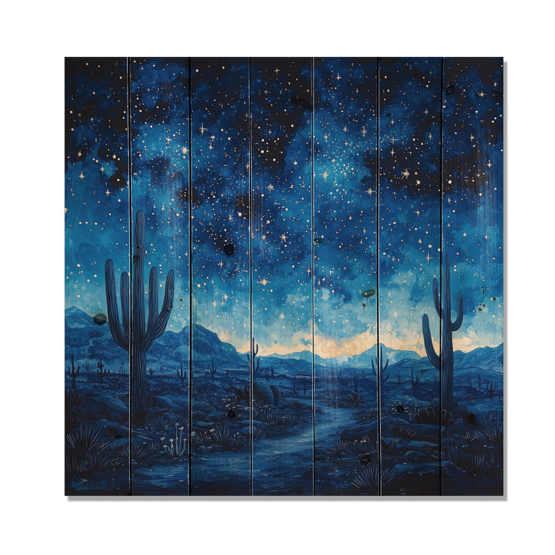 Cactus Under The Desert Blue Stars I - Floral Cactus Wood Wall Decor - On Natural Pine Wood, 15" H x 15" W x 0.78" D