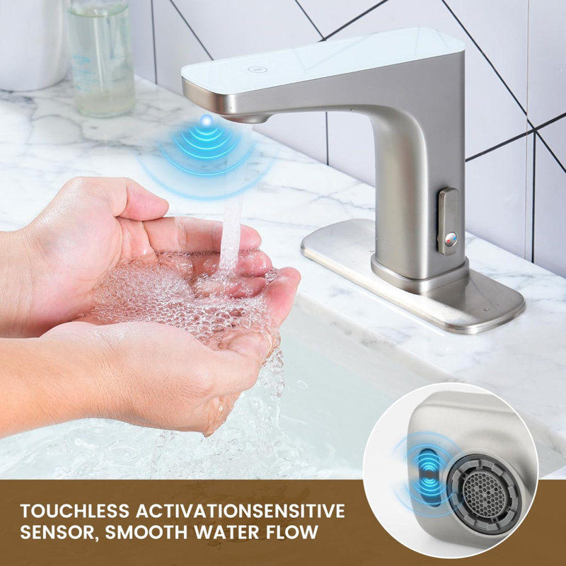 Robinet de lavabo pour salle de bain sans contact, robinet de salle de bain à capteur de mouvement automatique pour la maison commerciale, fonction de contrôle tactile et affichage de la température dans les toilettes des mains libres
