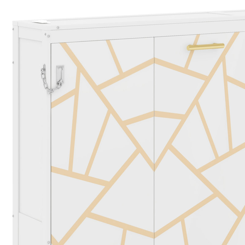 Lit escamotable peu encombrant avec motif imprimé, station de charge DEL sous le lit et USB, Grand lit, Blanc