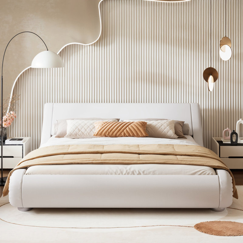 Bettejean Upholstered Profile Sleigh Bed with Luxury Ergonomic Faux Leather Headboard, King, White