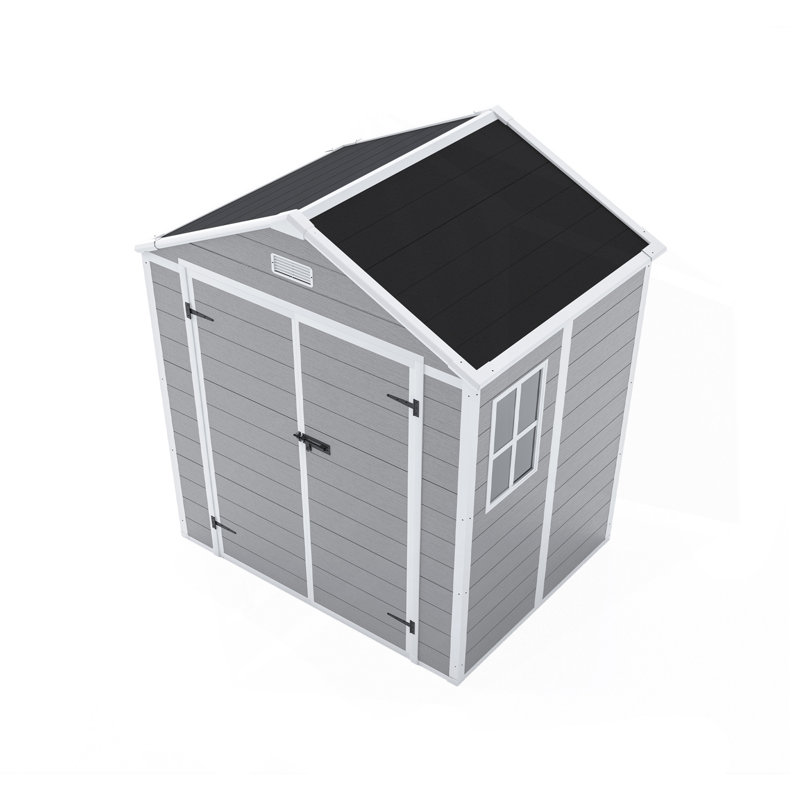 Remise de rangement en résine 6 * 5Ft, matériau PP de haute qualité, structure solide, imperméable, résistante à la rouille et aux rayons UV, grand espace de rangement, panneau de panneau de particules épais de 12 mm, éclairage de fenêtre HD
