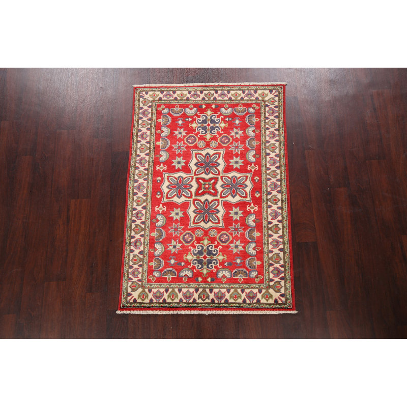 Tapis rouge en laine noué à la main de conception unique 3 pi 4 po x 4 pi 11 po