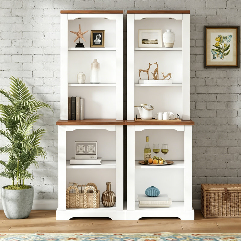 White Walnut Curved Tall Bookshelf, 2-Piece Freestanding Display Cabinet With Full Open Storage And Anti-Tip Safety Design