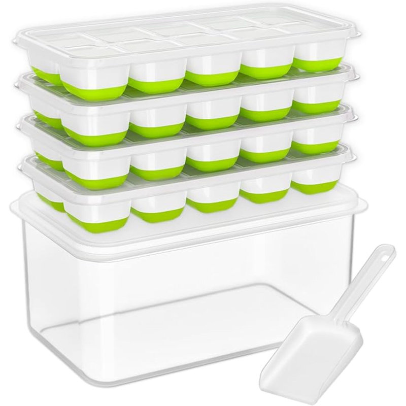 Bac à glaçons avec couvercle et bac, paquet de 4 plateaux à glaçons en plastique en silicone pour congélateur avec boîte / contenant, empilable avec ensembles de seaux glacés, cuillère, pour soupe, nourriture, cocktail, café