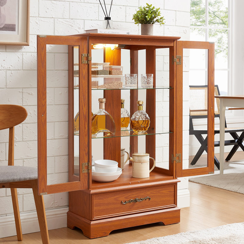 Vitrine lumineuse en verre avec tablettes réglables - Élégante vitrine à 2 portes et tiroir intégré, y compris l'ampoule - chêne foncé