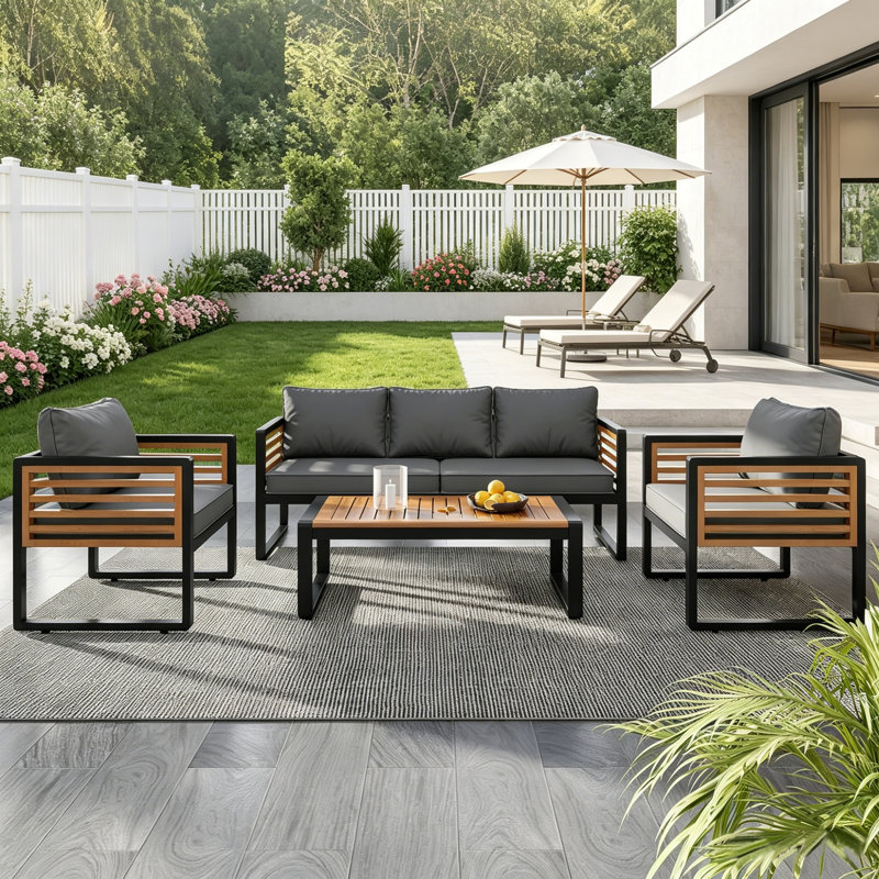 Ensemble de conversation de patio 4 pièces avec coussin amovible en acacia, plateau de table en bois et structure en métal