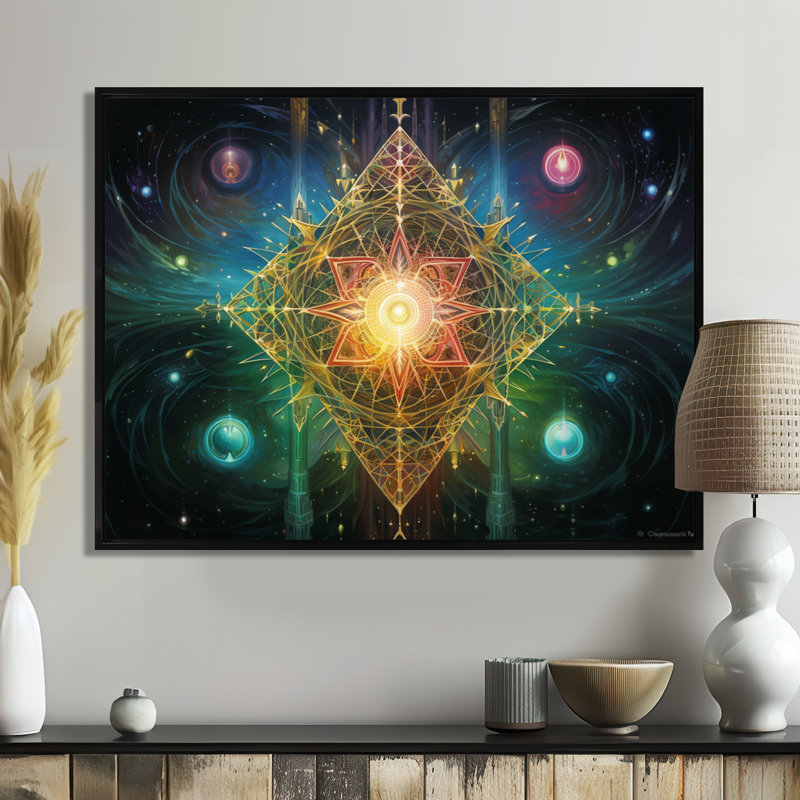 Art mural Galactic Sacred Star - Boho Mandala, H 12 po x l 20 po x P 1 po, Toile avec cadre flottant noir