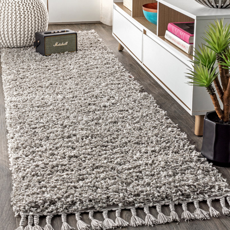 Tapis gris à poil long et pampilles Felicdad, Tapis de couloir 2 pi 3 po x 8 pi