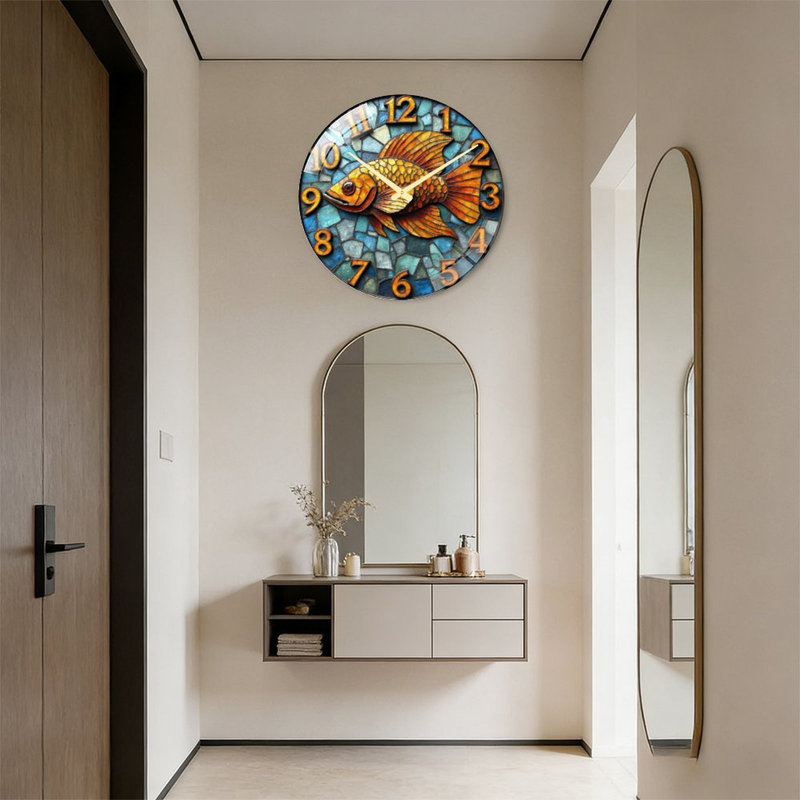 Horloge murale élégante vitrail poisson