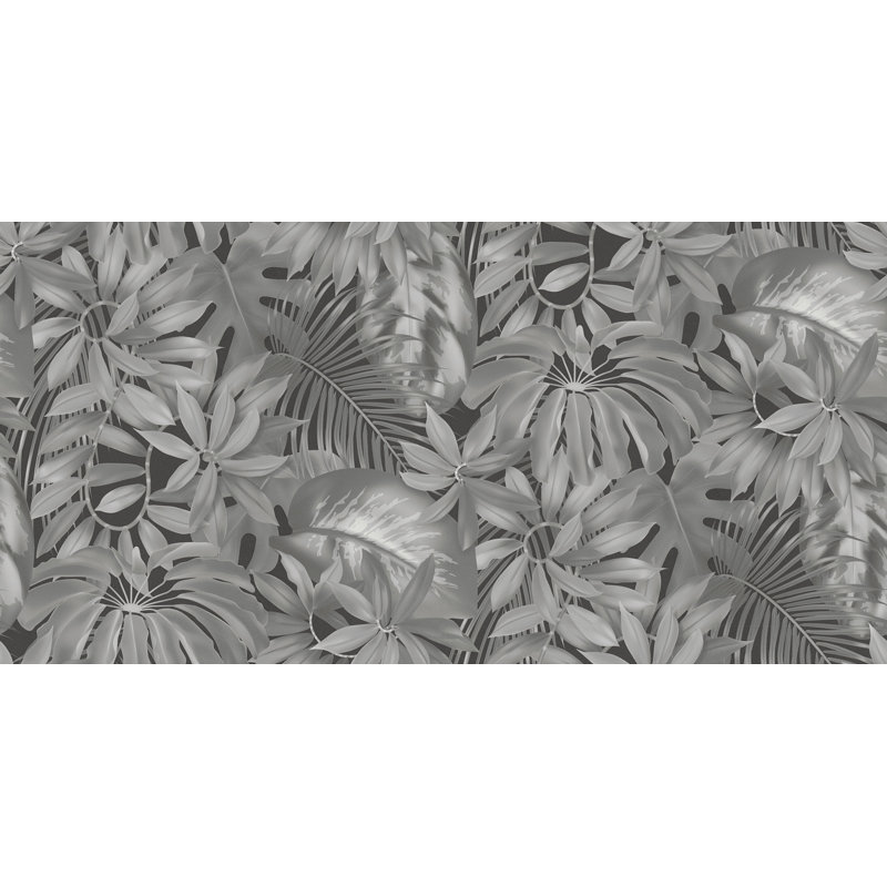 Blooming Wild Blooming Wild Tropical Leaf Motif 10m x 53cm Wallpaper Roll, Black/Silver/Grey