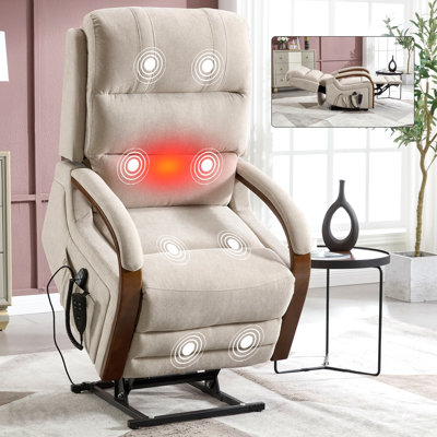 Fauteuil inclinable Power Lift, double moteur à position infinie jusqu'à 350 lb avec accoudoirs en bois massif, massage thermique, mécanisme de mouvement robuste, chenille - beige