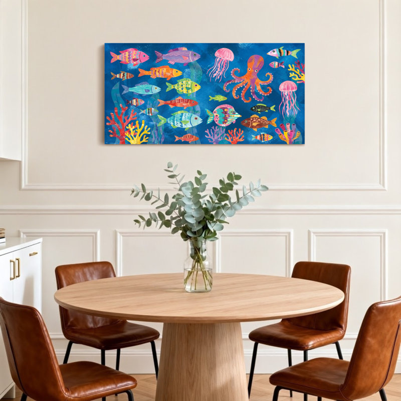 Animaux, poisson coloré, pieuvre, méduse, récif de corail, scène sous-marine, H 24 po x l 48 po