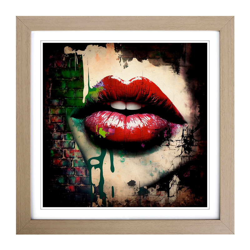 Lips Graffiti Art - Single Picture Frame Print on Wood, Oak