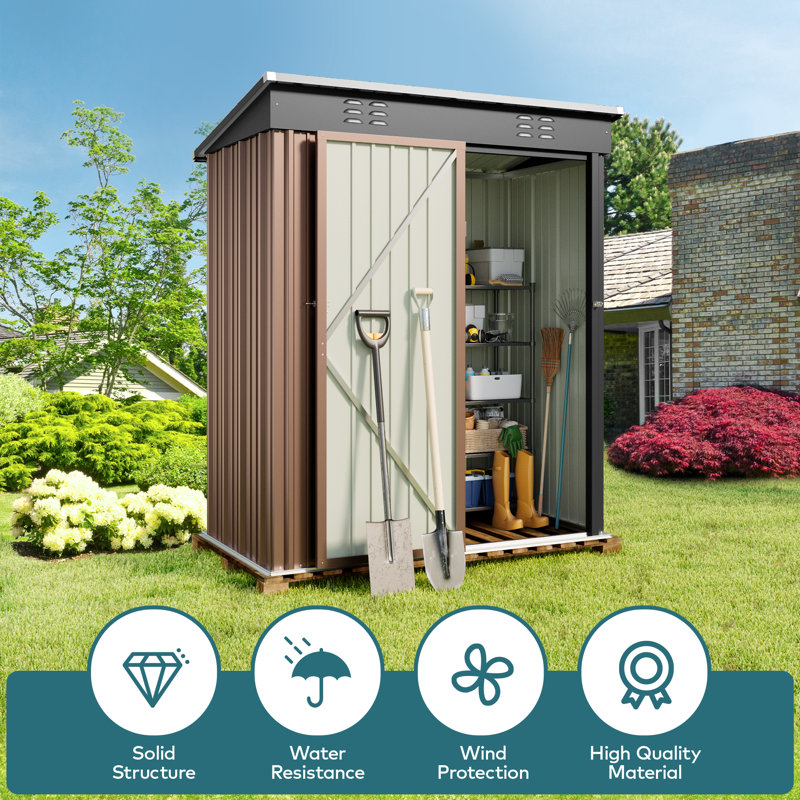 Aiho 5 ft. W X 3 ft. D Metal Vertical Storage Shed, Brown