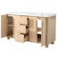 Meuble-lavabo double 59,1 po avec lavabos en résine, poignées en bois massif, grain de bois naturel, portes à fermeture en douceur et 3 tiroirs, tablettes réglables, couleur bois