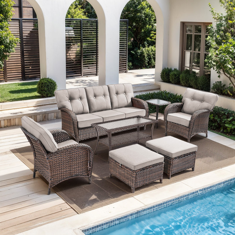 Fiorillo 7-Piece Outdoor Wicker Patio Conversation Set With Cushions/2 Lounge Chairs And Coffee Table, Beige