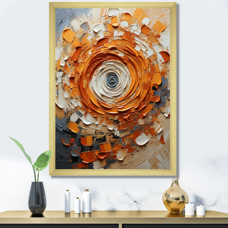 Collage abstrait en spirale orange et blanc - Collages abstraits, art mural, Cadre doré simple, H 20 po x l 12 po x P 1 po