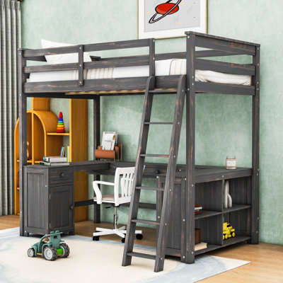 Lit mezzanine multifonctionnel en bois avec bureau intégré, tablettes et tiroirs