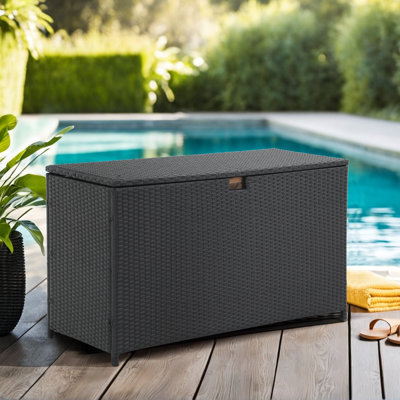 QIAYA Outdoor Wicker Storage Box, Big Size,Resin Brown Rattan Deck Bin with Lid, 160 Gallon,Water-resistant Liner Container for Patio Gardening Tools, by QIAYA
