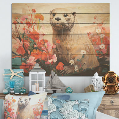Loutre ludique en fleurs II - loutre sur bois